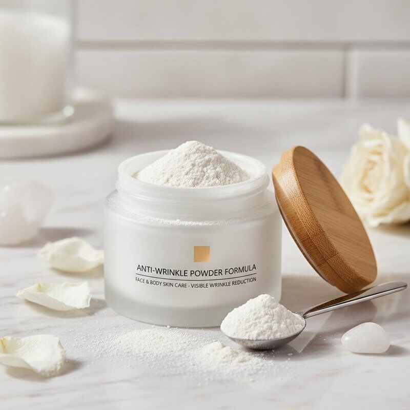 Formule anti-rides en poudre pour les soins de la peau du visage et du corps, permettant une réduction visible des rides