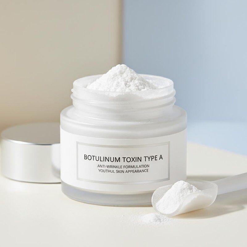 Poudre anti-rides, ingrédient toxine botulique de type A, formulée pour réduire les rides et favoriser une peau jeune.