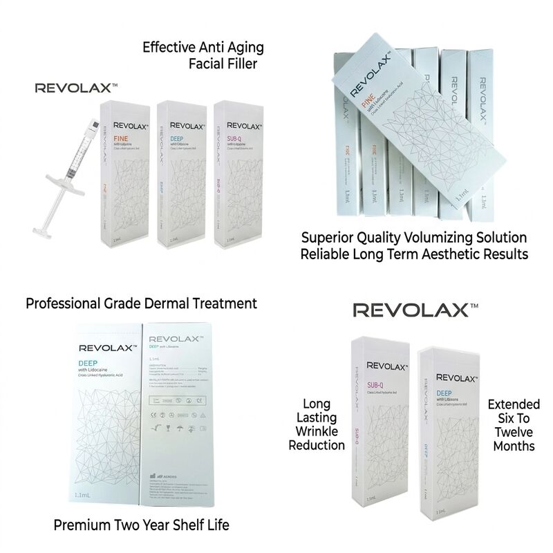 Injection de remplissage cutané de 24 mgml Revolax Profondeur moyenne à profonde Concentration du derme 20 mgml Solution pour augmentation du volume du visage